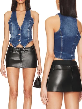 Women Fashion Denim Tank Tops Solid Color V-Neck Button-Down Sleeveless Vests Summer Asymmetrical Hem Streetwear 4