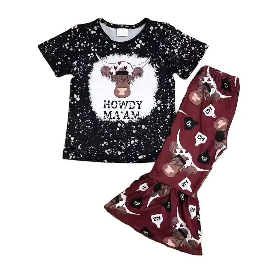 

Оптовая продажа, Детский комплект певицы для маленьких девочек, рубашка с коротким рукавом и черепом быка, штаны в полоску, детский наряд для младенцев