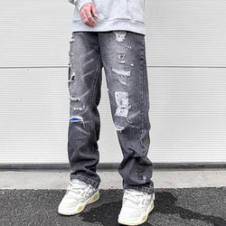 Y2K Frayed Hole Damaged Washed Black Baggy Jeans for Men Streetwear Straight Casual Denim Trousers Ropa Hombre Loose Cargo Pants
