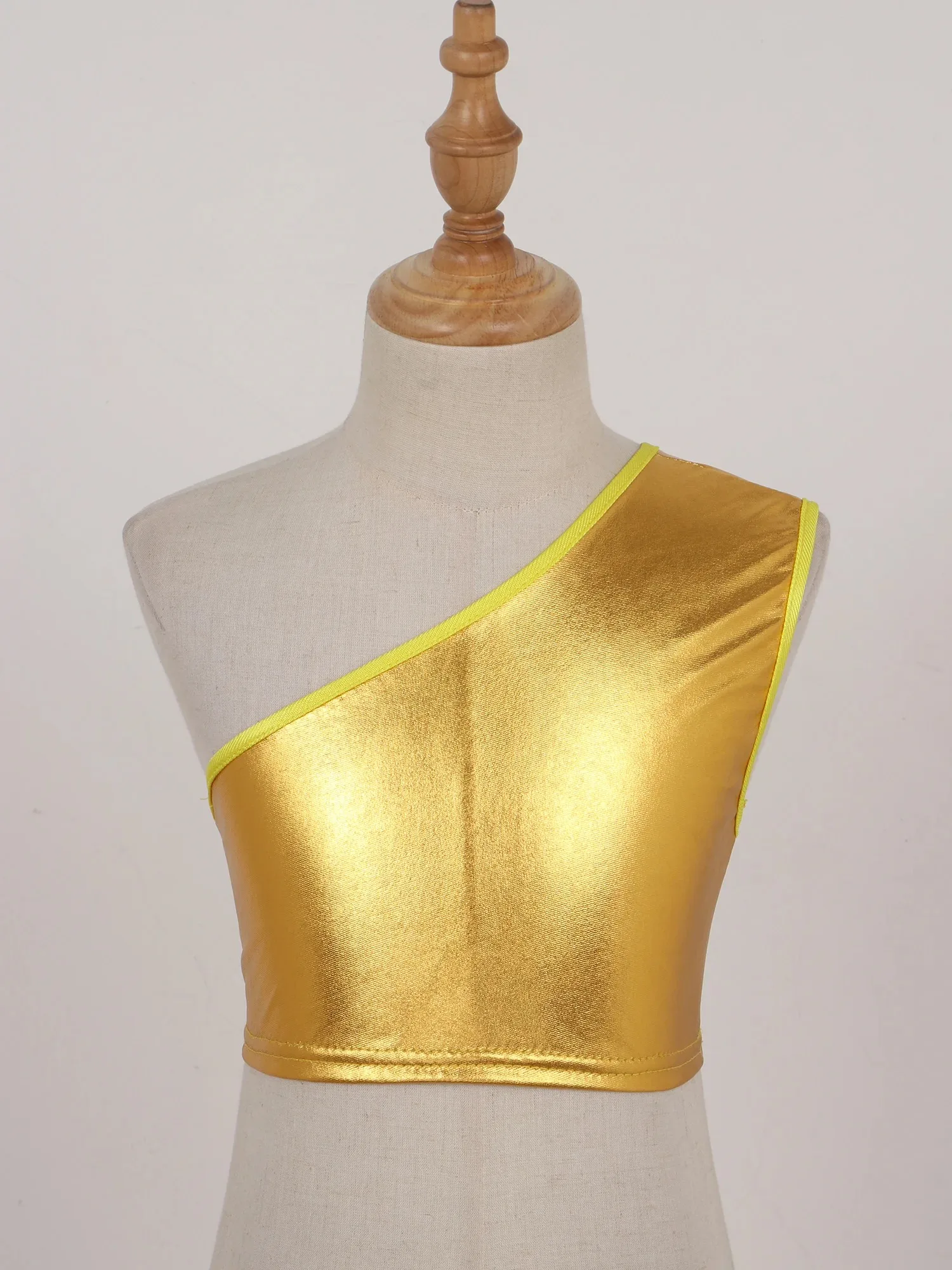 Kids Girls Boys Dance Performance Tops Single Shoulder Slant Shoulder Sleeveless Shiny Metallic Crop Vest Solid Color Costumes