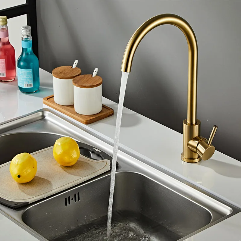 

Kitchen Faucets Brushed Gold Stainless Steel 360 Rotate Kitchen Faucet Deck Mount Cold Hot Water Sink Mixer Taps Torneira