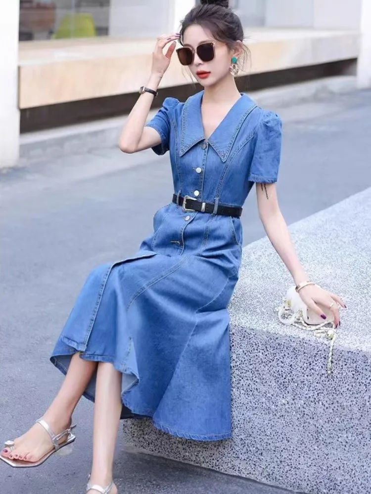 Summer Fashion Women Denim Dress Short Sleeve High Waist