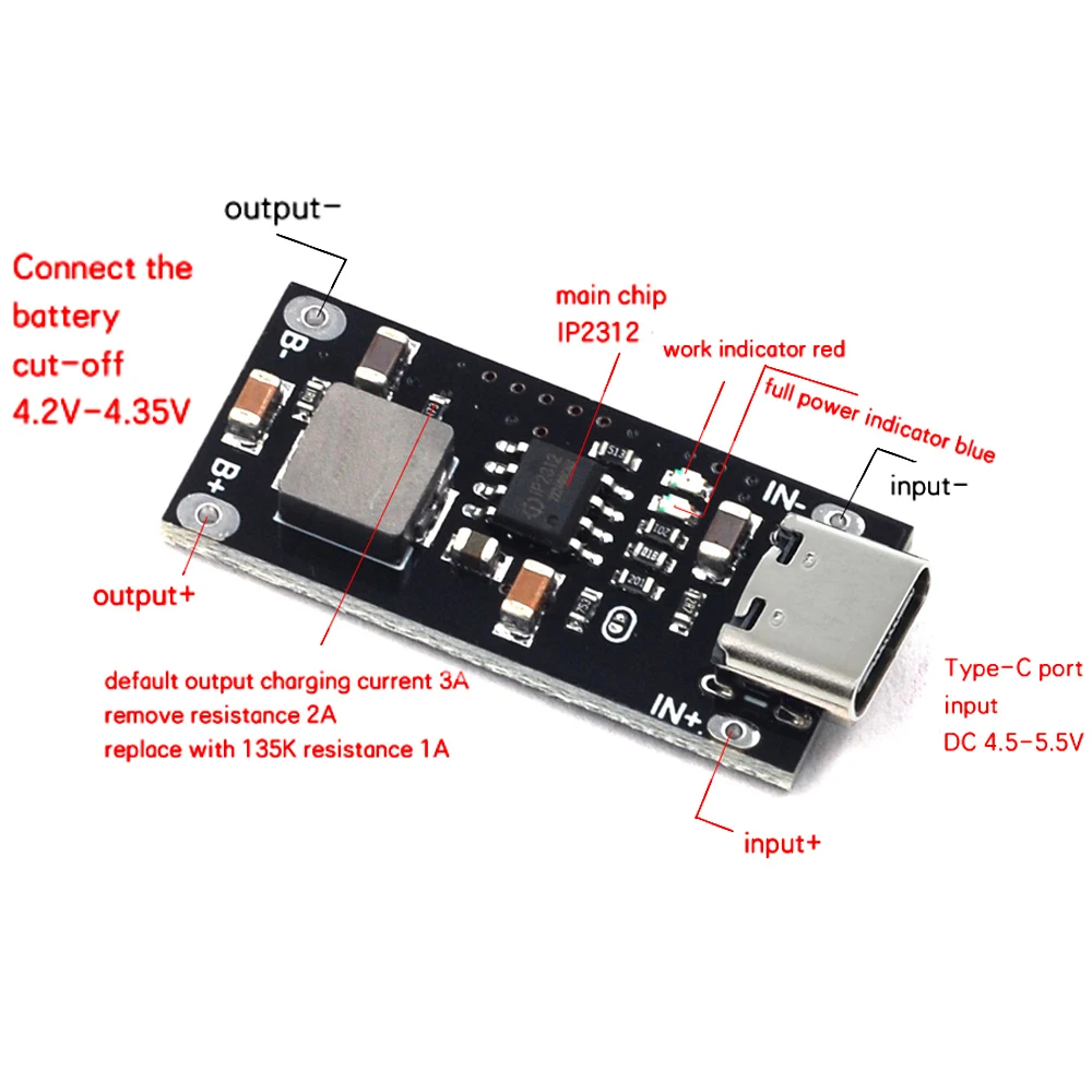 Stlxy C타입 USB 입력 고전류 3A 폴리머 삼원 리튬 배터리 고속 충전 보드, IP2312 CC/CV 모드, 5V  4.2V