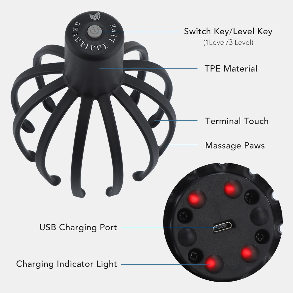 Electric Octopus Claw Scalp Massager Stress Relief Therapeutic Head Scratcher Stress Relief and Hair Stimulation Hands-Free USB