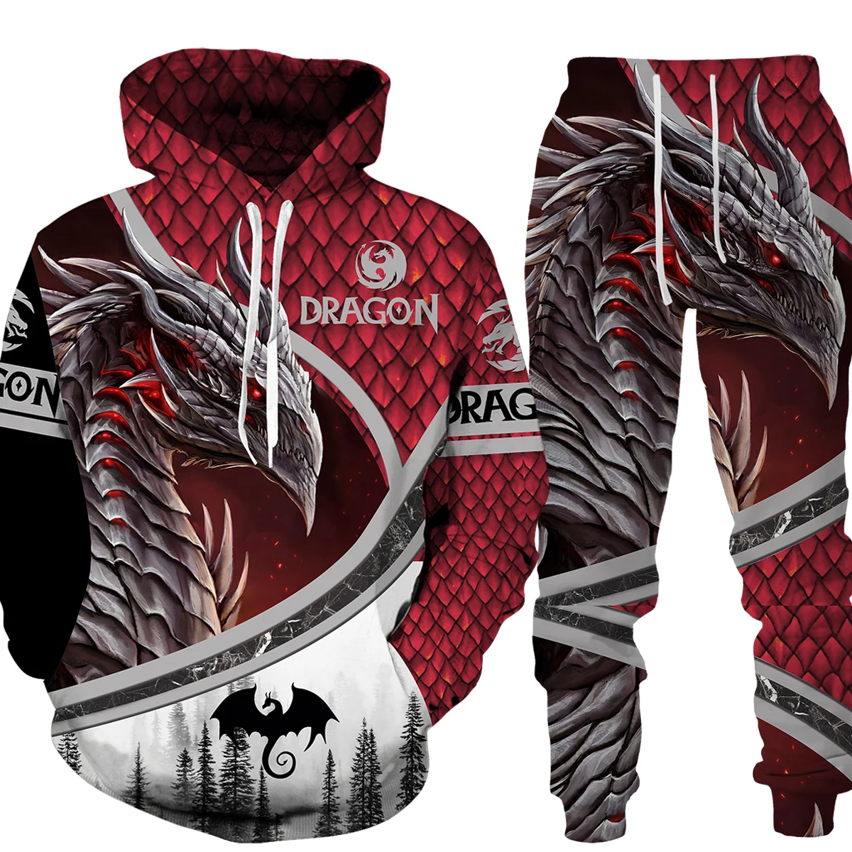 Oversized Autumn Winter Men Sweatshirt Cool Dragon Pattern 3D Printed Sweatpants And Hoodie Set Sportswear Men's Y2k Streetwear