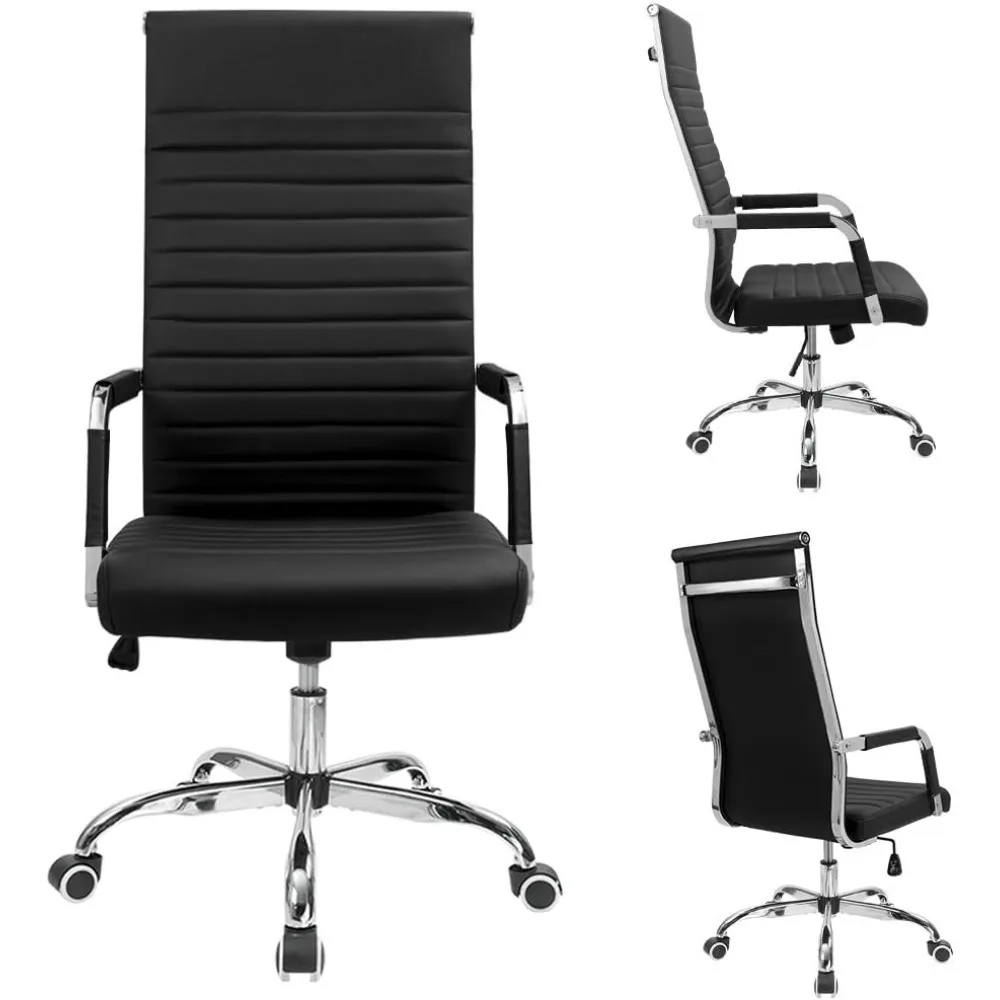 Ribbed Office Chair High Back PU Leather Executive Conference Chair Adjustable Swivel Chair with Arms, Black 4
