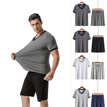 Modal Men's 2-Piece Summer Pajamas Homewear Short-Sleeved Shorts Set Of Fat Plus Size Loose Underwear Set Men's Pajama Set