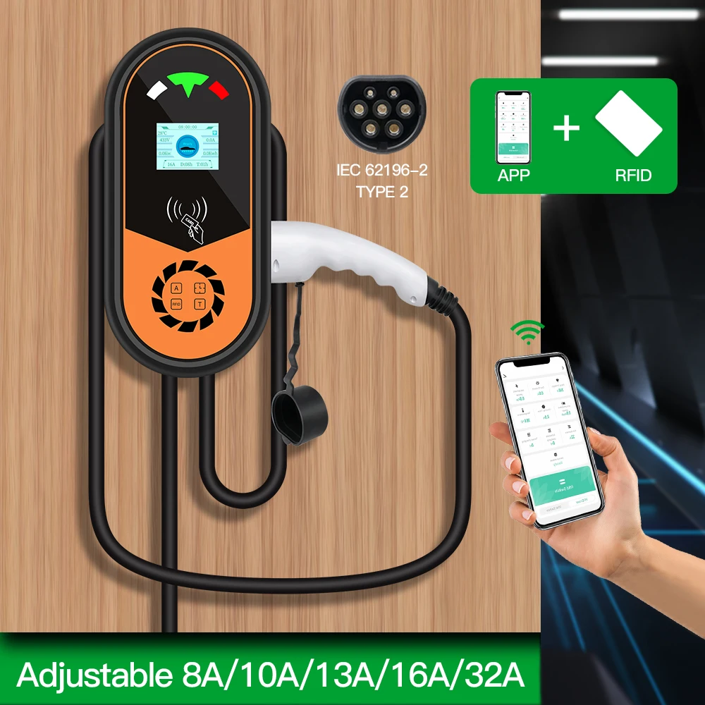 

32A 3P 22KW Type 2 Type B EV Charger Station Adjustable Current 8/10/13/16A 110-240V With App Version With RFID Card Time Delay