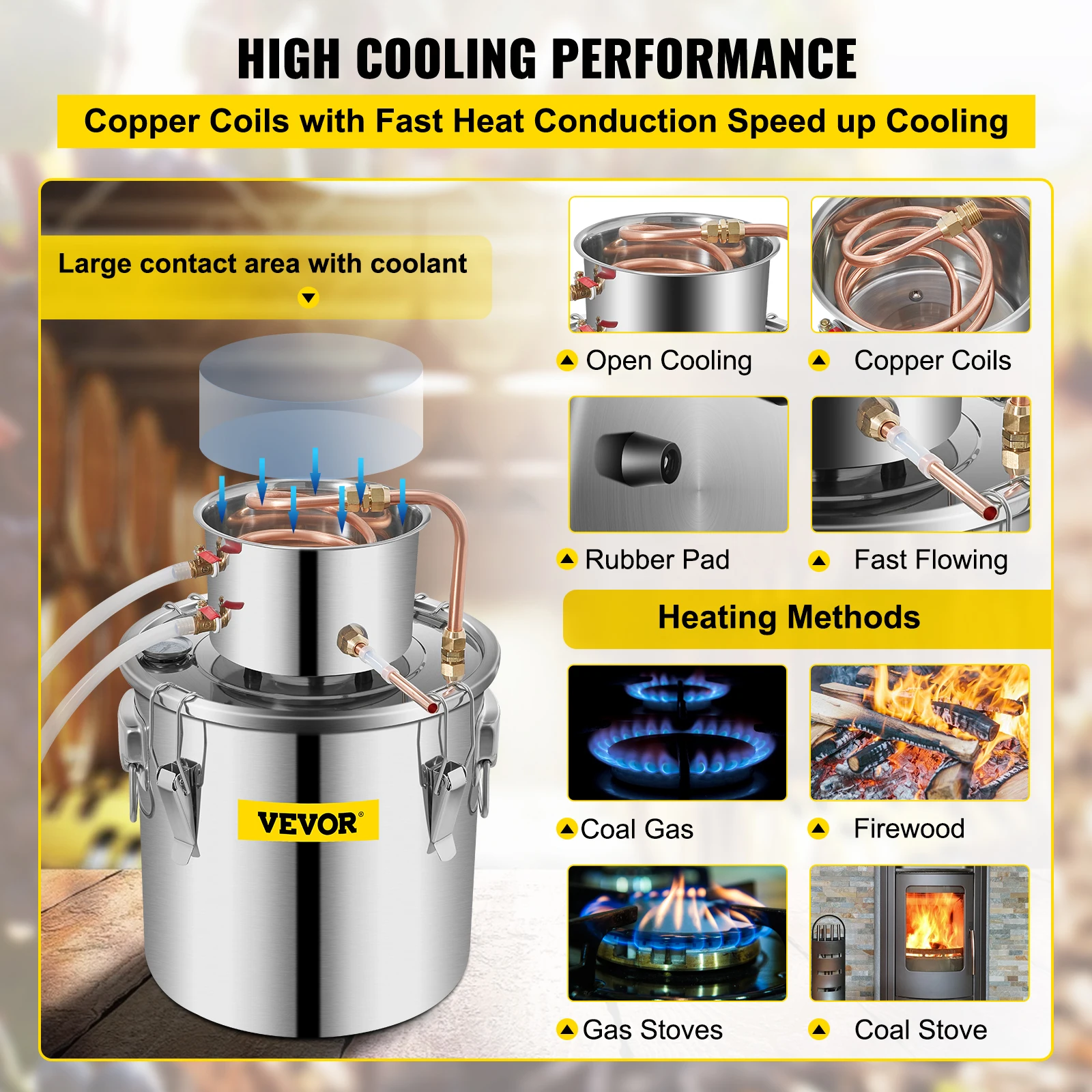 VEVOR 3/5/8 Gal Water Alcohol Distiller, Distillery Kit w/Circulating Pump, Alcohol Still Copper Tube, w/Build-In Thermometer 4