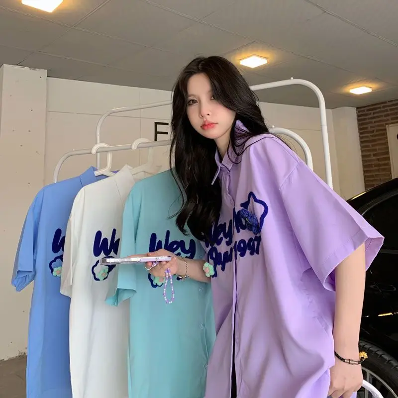 EBAIHUI Korean 3D Flower Embroidered Shirt Summer Loose Cute Women Short Sleeved Shirt Polo Collar Preppy Style Couple Dress
