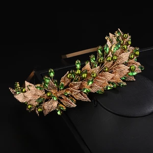 Trendy Pearl Rhinestoen Diamonds Green Bridal Crown Handamde Leaves Wedding Headband Hair Accessories for Women Gold Party Tiara