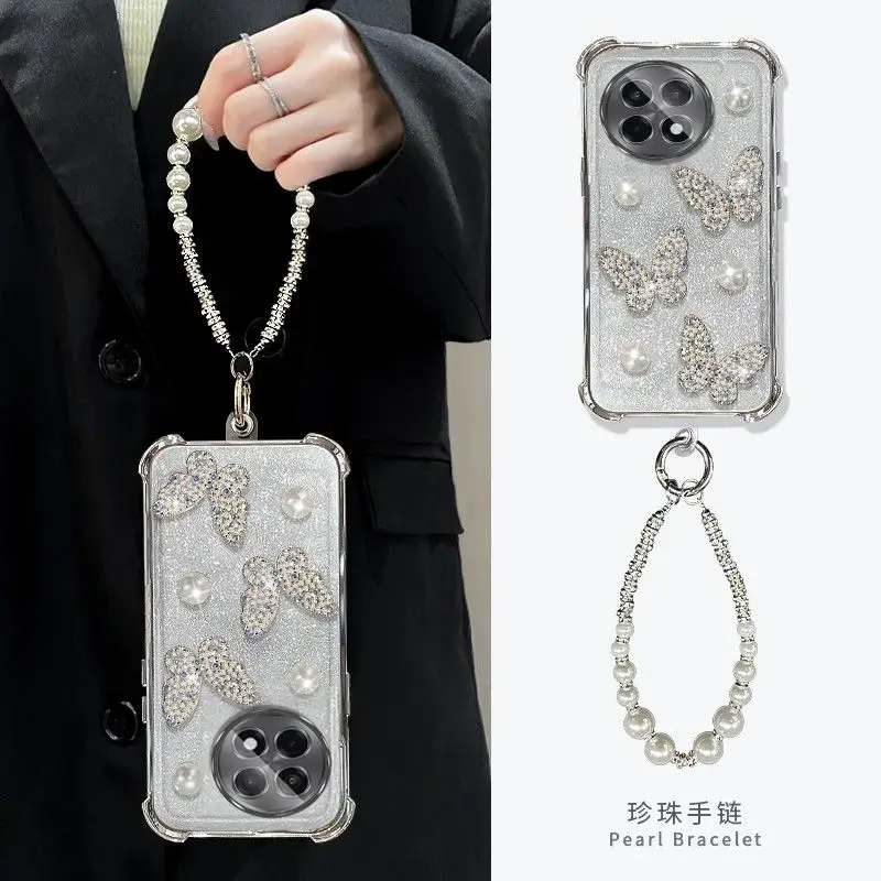Gradient Glitter Pearl Butterfly Strap Electroplated Phone Case