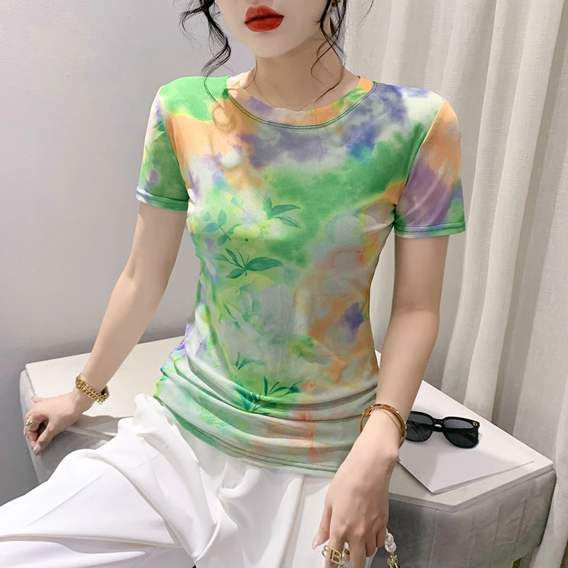 

Summer 2023 Mesh Print Short Sleeves Crewneck Slim Top Cheap Women's Wear and Free Shipping Deal Camisetas De Mujer korea