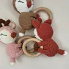 1pc BPA Free DIY Crochet Elk Fox Baby Teether Wooden Teether Ring Rattle Newborn Teething Nursing Soother Molar Educational Toys 2