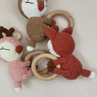 1pc BPA Free DIY Crochet Elk Fox Baby Teether Wooden Teether Ring Rattle Newborn Teething Nursing Soother Molar Educational Toys 2