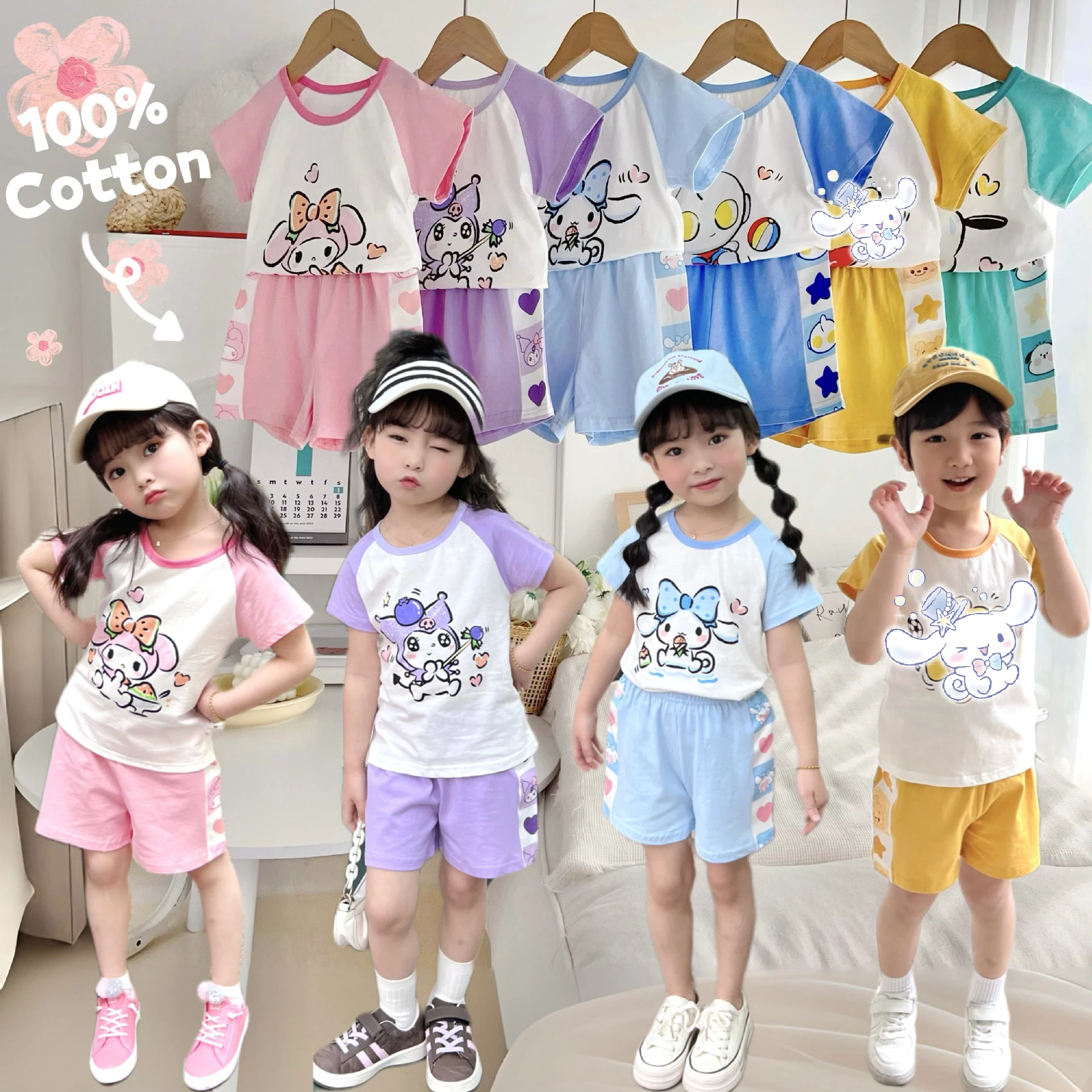 

Kawaii Sanrio Kuromi Cinnamoroll My Melody детская хлопковая Футболка летняя спортивная и повседневная мультяшная с коротким рукавом подарок