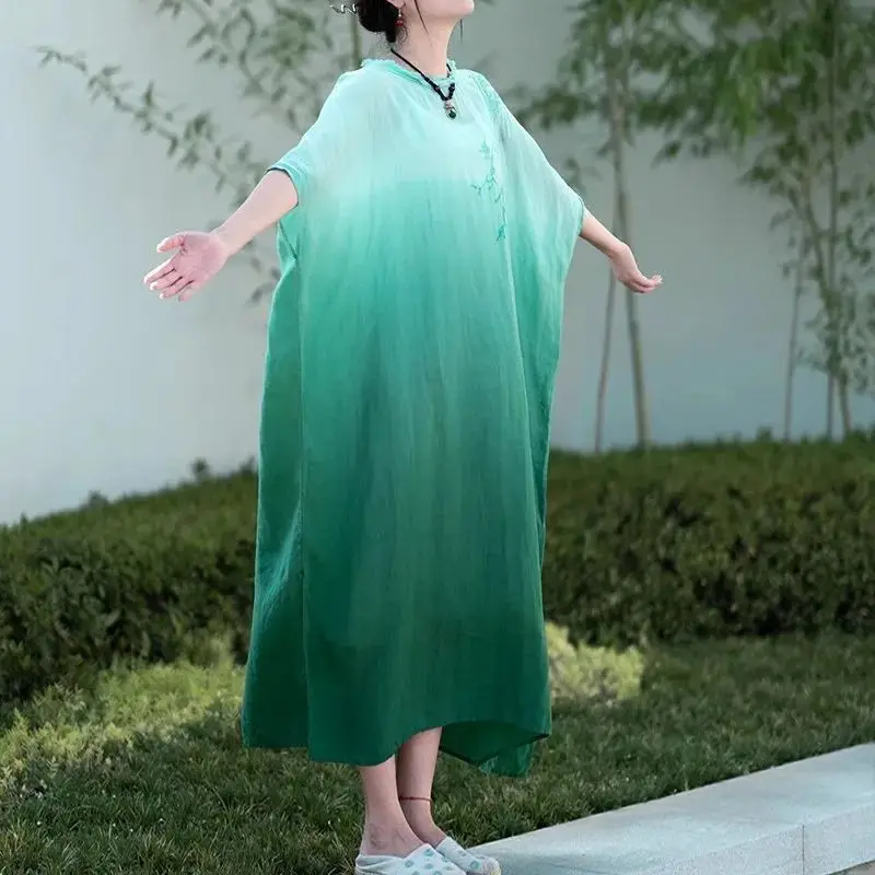 Limiguyue 여름 녹색 그라데이션 타이 염색 긴 맥시 원피스 꽃 자수 여성 드레스, 배트윙 슬리브, 통기성 E957