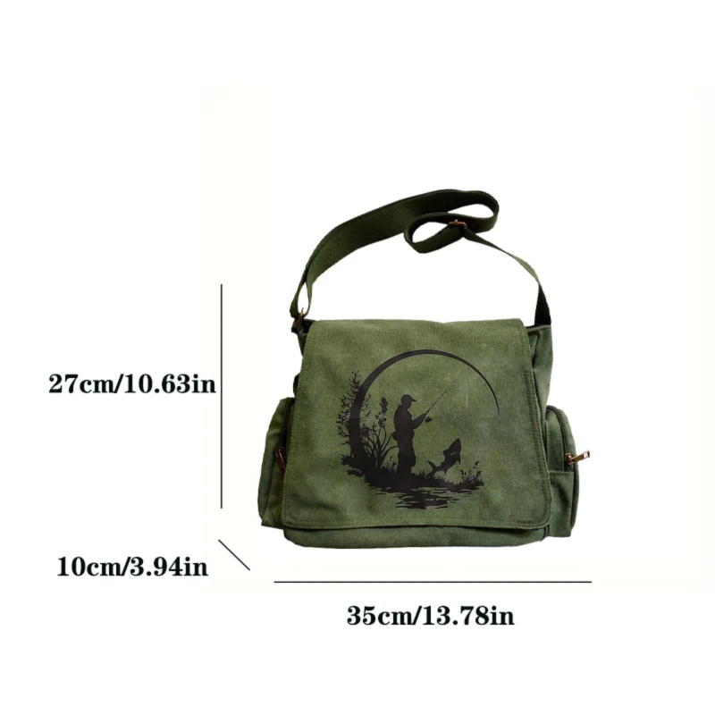 Vintage Men's Shoulder Bag Crossbody Bag Canvas Messenger Bag Fishing Print Large Capacity Travel Men's Bag