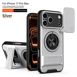 Enhanced Magnetic Back Phone Case with Slide Camera Protection, Kickstand, and Shockproof Design - iPhone 14 Pro (Silver)