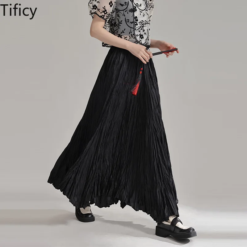 

TIFICY Women's Increasingly Elegant Drape Wrinkle 2024 Cross-border New Loose Slim A-shaped Oversized Long Skirts