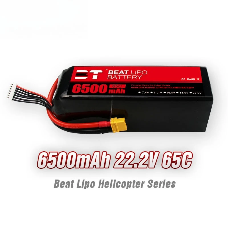 Batterie LiPo 6S 22.2V 6500mAh 65C avec étiquette indiquant les spécifications techniques