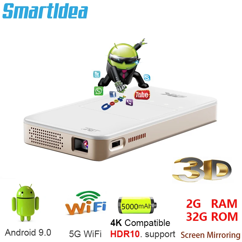 Smartldea HD Mini Portable DLP Android 9.0 Projector 4K 3D Decode 5G WiFi Bluetooth Miracast Airplay Mobile Phone Outdoor movie