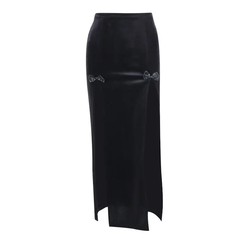 black maxi skirt Dark series skirt 2022 new design feeling minority bow Suede double-slit half-length skirt denim skirt