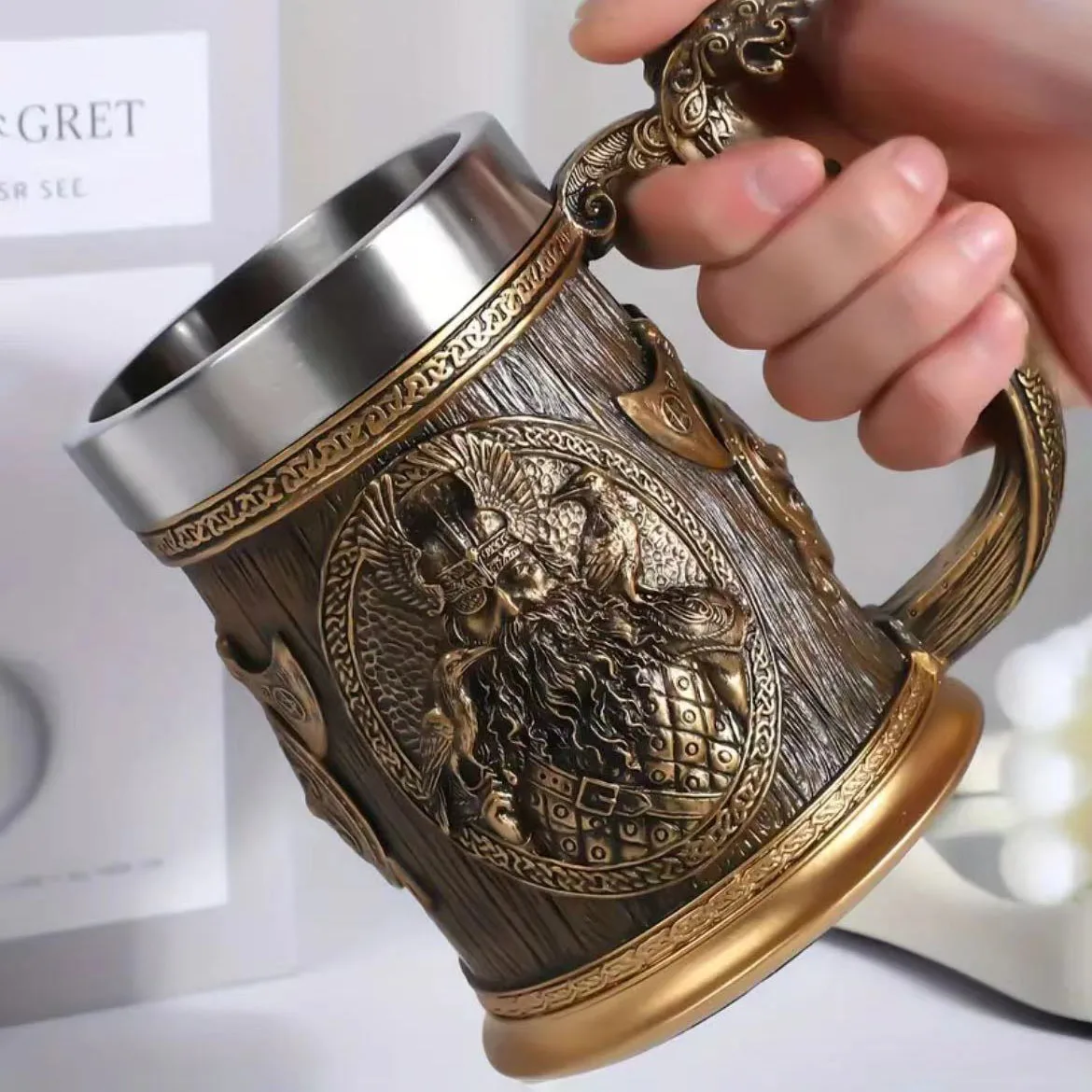 Viking Beer Glass Odin Resin Stainless Steel Mug Warrior Beer Steins Danegeld Tankard Coffee Cup Tea Tumbler Drinkware Pub Decor