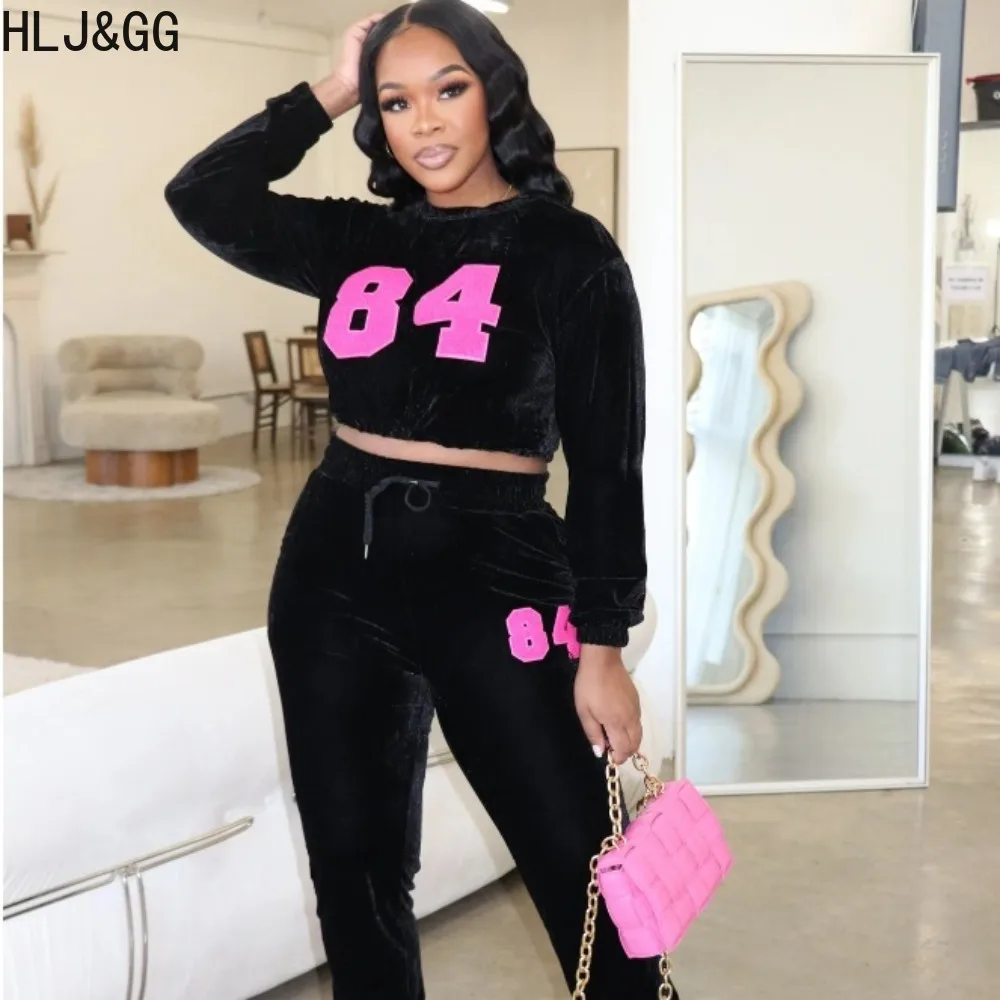 HLJ&GG Casual Velvet Letter Print Jogger Pants Two Piece Sets Women Round Neck Long Sleeve Crop Top And Pants Outfits Tracksuits y891 new popular korean edition network red elegant neck ornament neckband personalized multicolor women s gold velvet collar ne