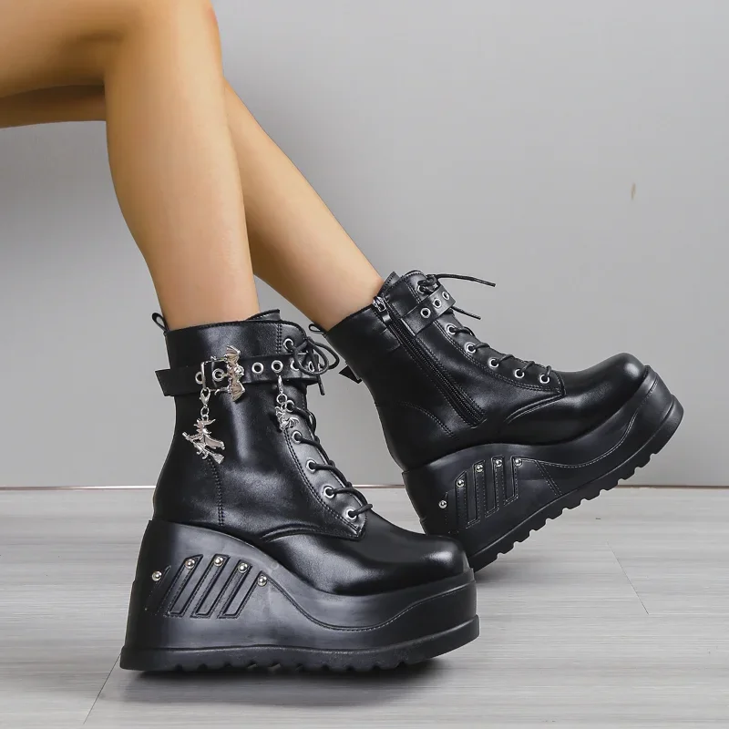 2024 New Boots for Women Fashion Hot Sale Punk Goth Platform Heels Wedge Women's Boots Casual Goth Punk Size 43 Women's Shoes