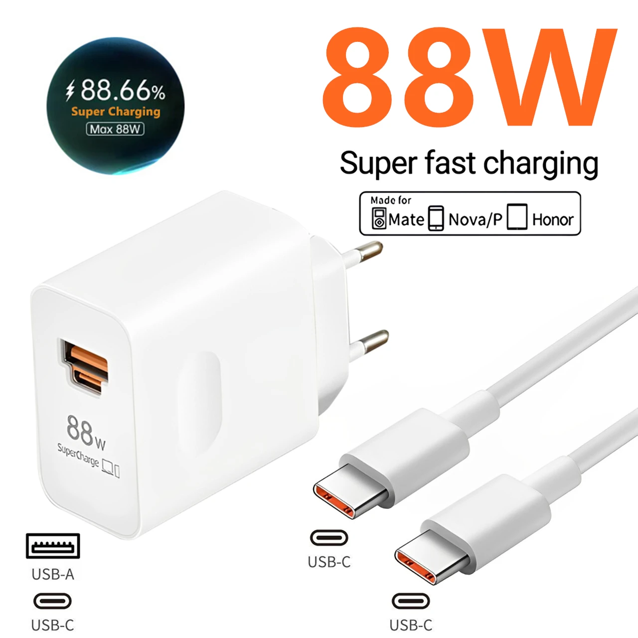 88W Max USB A+C Super Fast Charger For Huawei Mate 50 60 P60 Nova 12 Honor 400 Magic 6 Pro Type C to Type C Quick Charging Cable
