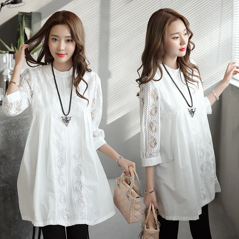 Summer Maternity Blouses Clothes For Pregnant Women 2022 New O-Neck 7/10 Sleeve Pregnancy White Patchwork Lace Shirt Long Tops