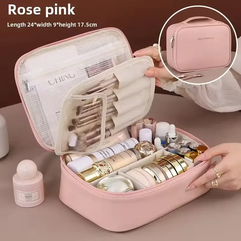 Double-Layer Pink Cosmetic Travel Organizer