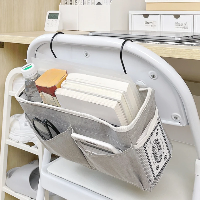 Bedhead hanging basket Cotton and linen fabric Bedside sofa hanging storage bag Bedside shelf Dormitory and apartment storage 4