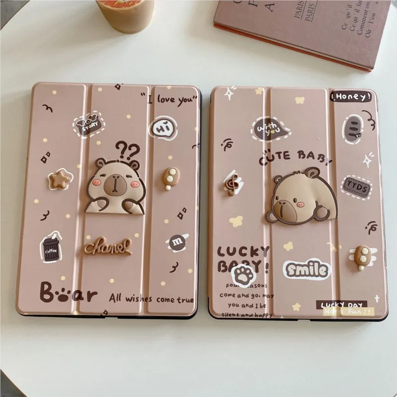 Adorable Capybara Cartoon Tablet Case with Pen Tray - Leather Finish