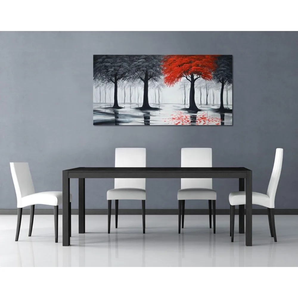 

Hand Painted Large Black and Red Forest Oil Painting Canvas Landscape Wall Art Stretched Abstract Tree Artwork Framed 60x30 inch