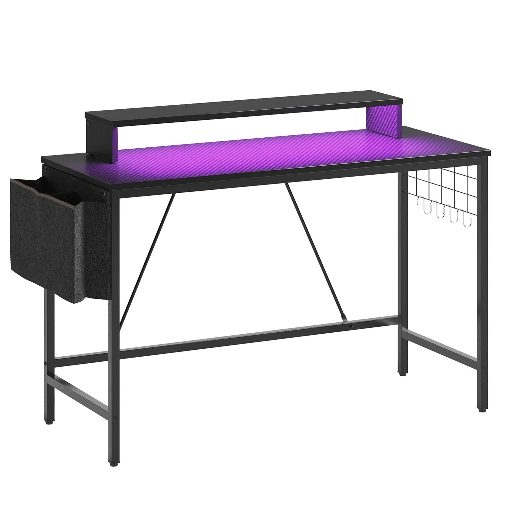 41.7 inch Gaming Desk with LED Monitor Stand, Storage Pocket, Gaming Room and Home Office, Carbon Fiber Patten 5