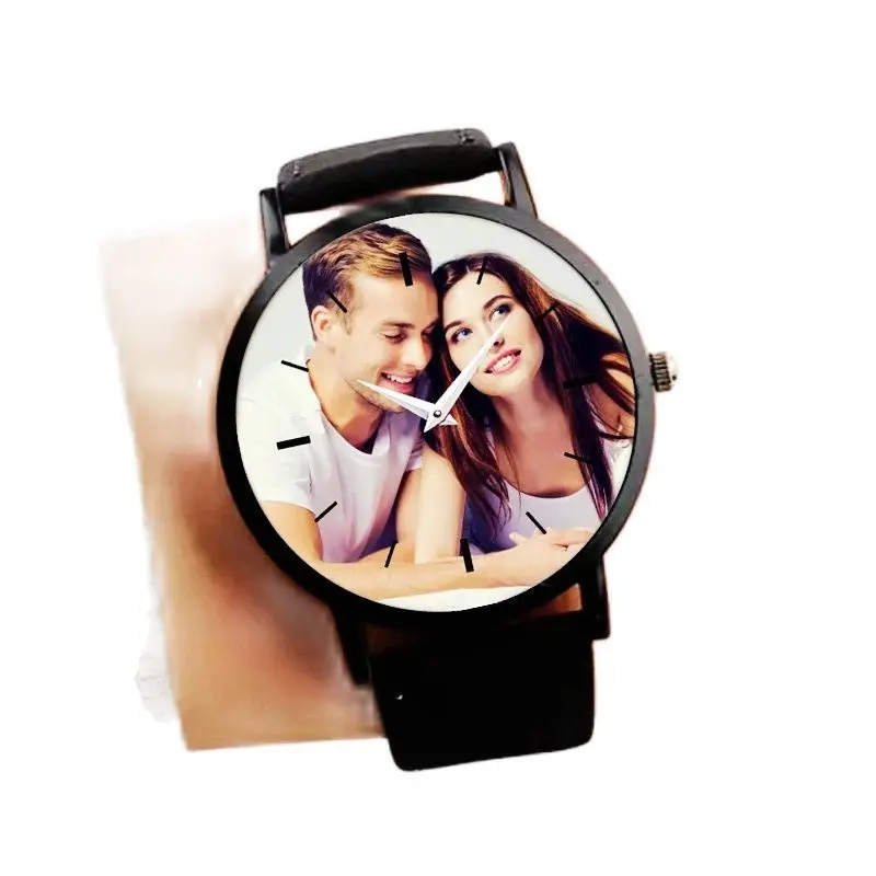 Nestandartní fotka hodinky pro manželé celý černá kůže unisex křemen wristwatches posílat jejích snímek