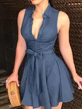  Women's Sleeveless V-neck Tie Fashion Sexy Print Dress 