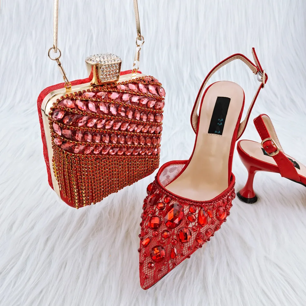 

Hot Sale Red Women Pointed Toe Shoes Match Handbag With Crystal Decoration African Dressing Pumps And Bag Set QSL062,Heel 8CM