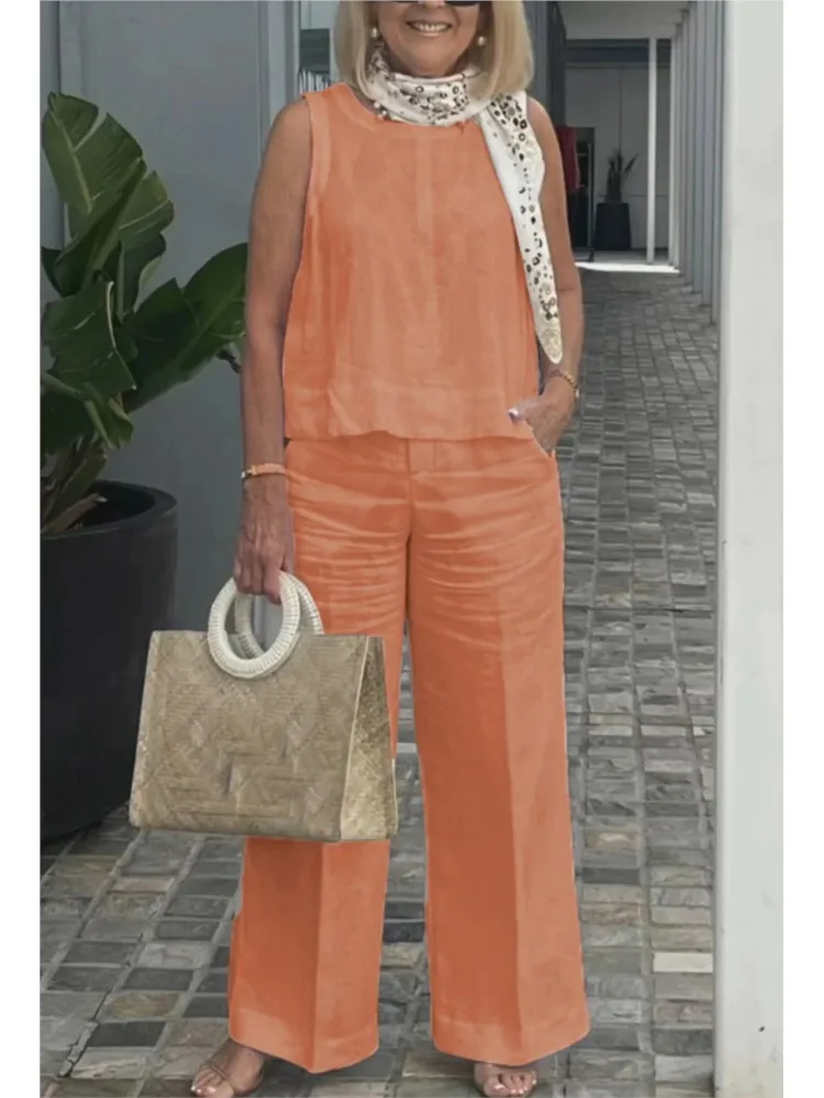 New Summer Women's Cotton And Linen Suits Fashionable And Casual Sleeveless Tops Wide-leg Trousers Two-piece Set Womens Clothing, view 4