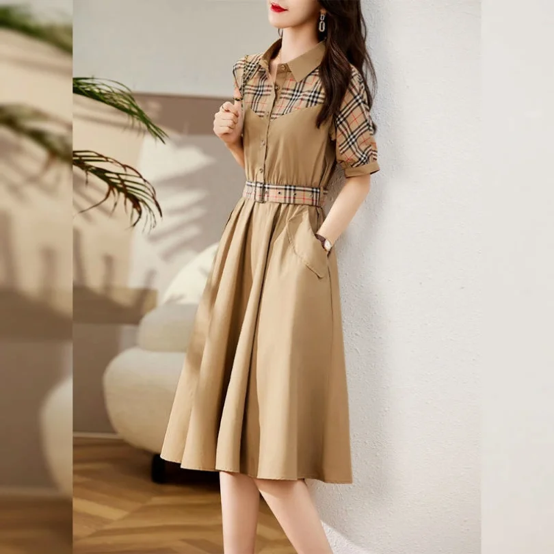 2023 Spring/Summer Korean Edition New Fashion Checker Panel Dress POLO Collar Waist Waist Slim Mid Length Dress