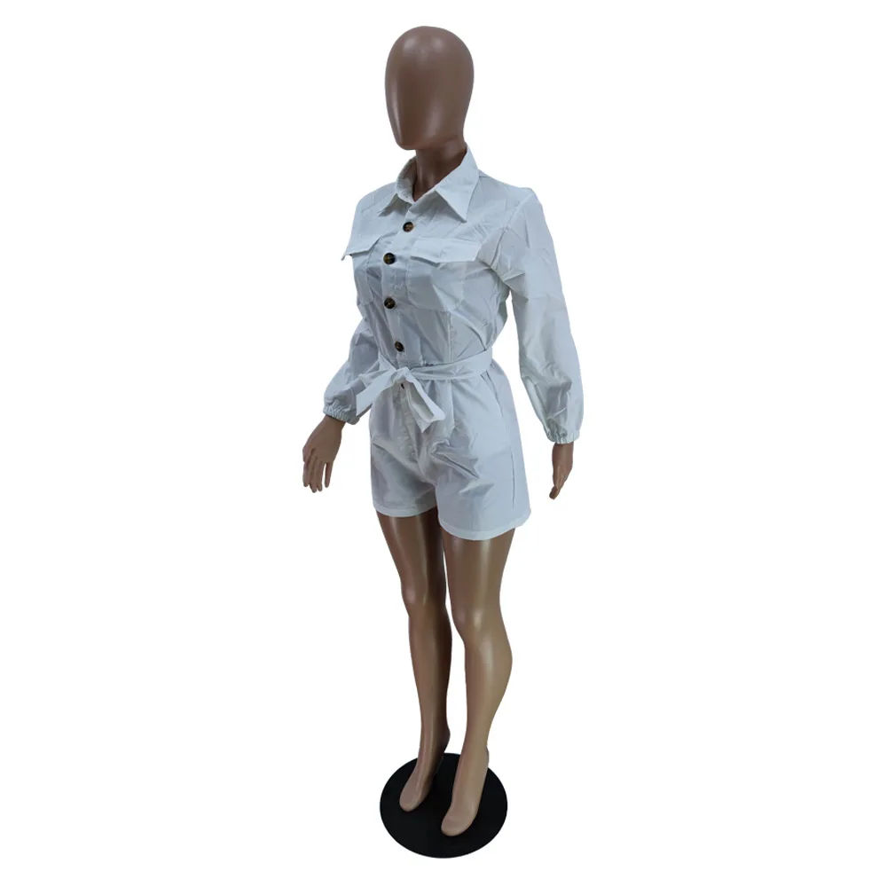 BKLD Fashion Romper For Women One Pieces White Long Sleeve Lace-Up Buttons Pockets Casual Solid Color Playsuits Short Jumpsuits