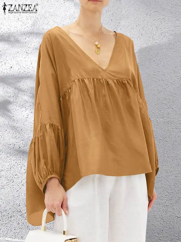 

Блузка ZANZEA Женская хлопковая оверсайз, модная однотонная модная плиссированная рубашка с длинным рукавом-фонариком, повседневный Свободный Топ с V-образным вырезом, осень 2023