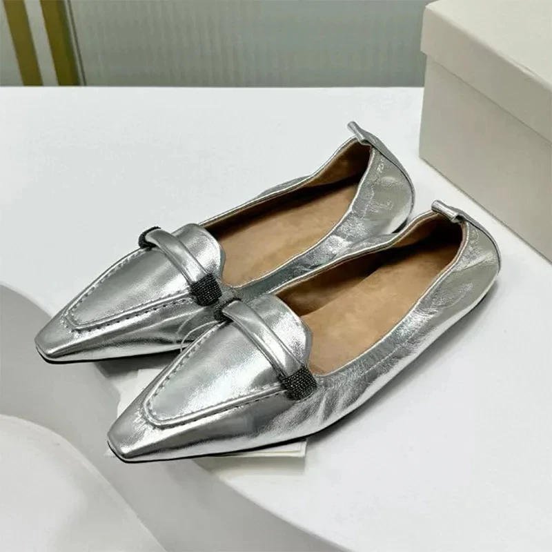 Suede Leather Loafers Women Square Toe Slip-On Chain String Bead Flat Shoes Female Summer Casual Comfort Walking Shoes Woman