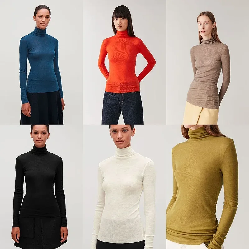 

2023 Undershirt for Women~C0S High-necked Wool Undershirt Long-sleeved Thin Elastic Slim Knit Top for Women