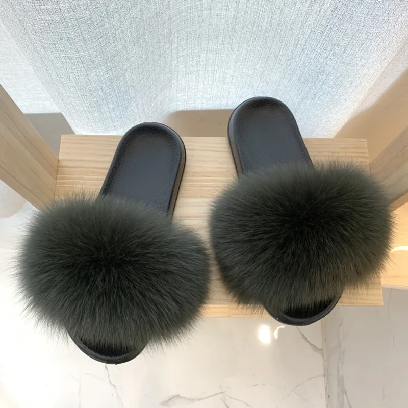 Real Fur Slides Summer Fox Fur Slippers Women Indoor House Ladies Fur Sandals Furry Flip Flops Plush Shoes Woman EVA Slippers — view 5