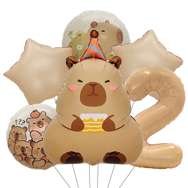 6 Stück Karamell Schokoladenfolie 32 Zoll Nummer Capybara Thema Ballon Tier Geburtstag Party Set Babyparty Globos – Detail 3