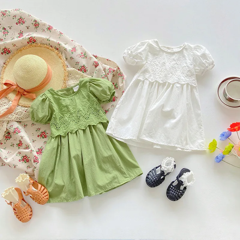

Girls' Dress Summer 2023 New Children's Puff Sleeve Solid Colour Lace Flower Princess Dresses Sweet Baby Girl Clothes