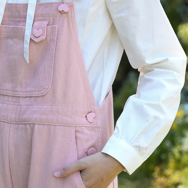 Spring Autumn Women Mori Girl Denim Jumpsuits Orange-Pink Loose Pocket Overalls Cute Kawaii Sweet Jeans With Heart Buttons 4